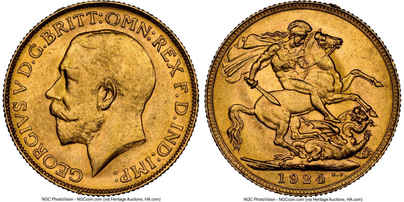 George V gold Sovereign 1924-M MS62 NGC, Melbourne mint, KM29, S-3999. HID098012...