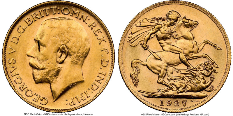 George V gold Sovereign 1927-P AU58 NGC, Perth mint, KM29, S-4001. From the Robe...