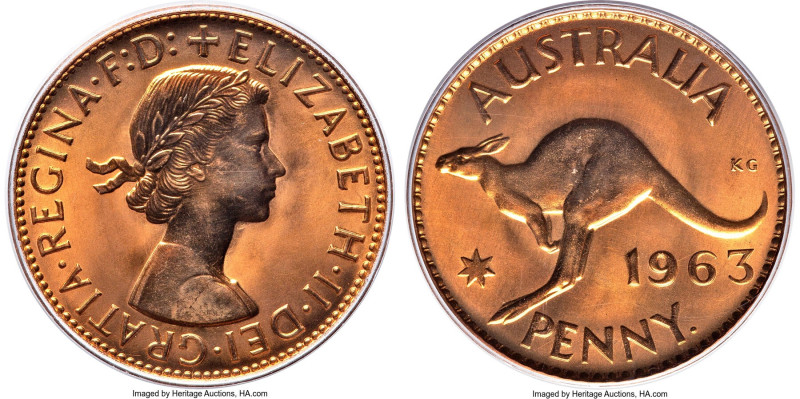 Elizabeth II Proof Penny 1963-(p) PR65 Red PCGS, Perth mint, KM56. One dot after...