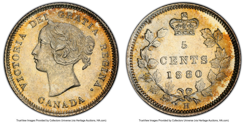 Victoria 5 Cents 1880-H MS64 PCGS, Heaton mint, KM2. Amber and russet shades of ...