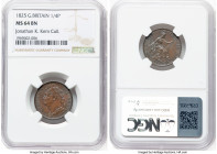 George IV Farthing (1/4 Penny) 1825 MS65 MS64 Brown NGC, KM677, S-3822. Hosting beautiful touches of blueberry patina and rich luster. From the Collec...