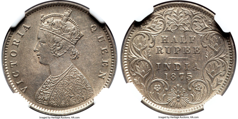 British India. Victoria 1/2 Rupee 1875-(c) MS61 NGC, Calcutta mint, KM472. A min...