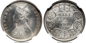 British India. Victoria 1/2 Rupee 1888-C MS63 NGC, Calcutta mint, KM491. A superb Choice selection, occupying the last well-populated grade on NGC's c...