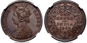 British India. Victoria Proof Early Restrike Rupee 1862-(c) PR63 NGC, Calcutta mint, KM473.1, S&W-4.54. Type I/IIa. Exhibiting a delightful, glossy ap...