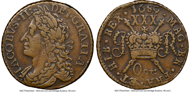 James II Gunmoney 1/2 Crown 1689 (October) VF35 NGC, KM95, S-6579D. From the Cha...