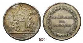 Confederazione dei Francesi 1790, Parigi op. (Gatteaux), AR gr 30,25g. Ø41,7mm. [2,6mm. La Monarchia, con manto gigliato e fascio, giura sulle tavole ...