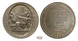 Moneta-Medaglia fiduciaria da 5 soldi Fratelli Monneron, 1792, Birmingham op. Duprè, Æ 28,01g. Ø39,8mm. [3,0mm. A/VIVRE LIBRES OU MOURIR. Scena della ...