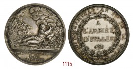 Passaggio del Tagliamento e presa di Trieste, 1797, Parigi op. Lavy, AR 39,22g. Ø43,1mm. [3,2mm. Il Tagliamento sdraiato a s., armate francesi al guad...