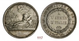 Passaggio del Tagliamento e presa di Trieste, 1797, Milano, op. Lavy, AR 30,77g. Ø43,3mm. [2,8mm. Il Tagliamento sdraiato a s., armate francesi al gua...