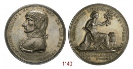 Trattato di Campoformio, 1797, Lione op. Chavanne, AR 57,47g. Ø43,4mm. [3,7mm. BUONAPARTE GENERAL EN CHEF DE L'ARMÉE D'ITALIE, busto a s. del Generale...