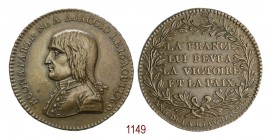 Pace di Campoformio, 1797, Parigi, Æ g. Ømm. [mm. BUONAPARTE NÉ À AJACCIO LE 15 AOUT 1769, Busto a s. in uniforme da generale. Rv. LA FRANCE/ LUI DEVR...