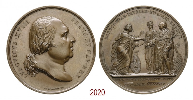 Arrivo di Luigi XVI a Calais, 1814, Parigi op. Andrieu, Æ 64,44g. Ø50,4mm. [4,4m...