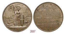 Ritorno di Vittorio Emanuele I a Torino, 1815, Torino op. Hoyer, Æ 33,98g. Ø42,3mm. [3,3mm. ITERUM FELIX Il Piemonte con bandiera con scritta coronata...