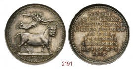 F.L.M. B. Bianchi entra a Napoli 1815, Berlino, AR 1,58g. Ø18,5mm. [1,0mm. Toro androcefalo, coronato dalla Vittoria in volo; in esergo, NEOPOLITWN Rv...
