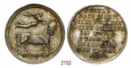 F.M.L. B. Bianchi occupa Napoli 1815, Berlino op. (Loos), AR 0,59g. Ø12,4mm. [0,8mm. Toro androcefalo, coronato dalla Vittoria in volo; in esergo NEOP...