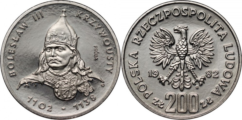 PRL, 200 złotych 1982, Bolesław III Krzywousty, PRÓBA, nikiel Nakład 500 sztuk. ...