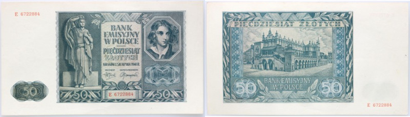Generalne Gubernatorstwo, 50 złotych 1.08.1941, seria E Numer 6722884. Złamany w...