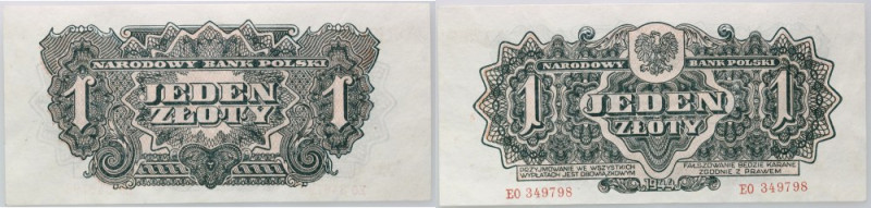 PRL, 1 złoty 1944, 'obowiązkowym', seria EO Numer 349798. Bardzo ładnie zachowan...