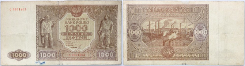 PRL, 1000 złotych 15.01.1946, seria G Numer 9631863. Reference: Miłczak 122a
Gr...