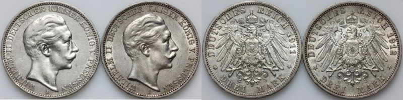 Germany, Prussia, Wilhelm II, set of 3 Mark coins from 1911-1912, (2 pieces) Sil...