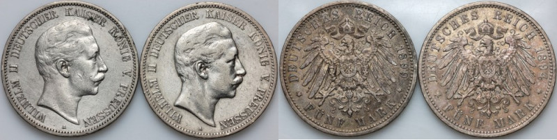 Germany, Prussia, Wilhelm II, set of 5 Mark coins from 1894-1899, (2 pieces) Sil...