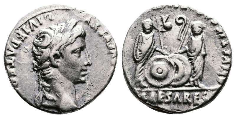 Augustus. 27 BC.- 14 AD. AR Denarius (17 mm, 3,81 g.). Lugdunum mint, struck 2 B...