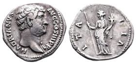 Hadrian, 117-138 AD. AR Denarius (19 mm, 3,12 g.). Rome, circa 130-133 AD. HADRIANVS AVG COS III P P Bare head of Hadrian to right, slight drapery on ...