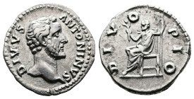Divus Antoninus Pius AR Denarius (18 mm, 2,95 g.). Rome, after 161 AD. DIVVS ANTONINVS, bare head of Antoninus Pius to right. Rev. DIVO PIO, emperor s...