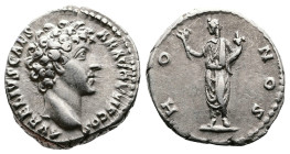 Marcus Aurelius as Caesar. 139 - 161 AD. AR Denarius. (18 mm, 3,52 g.). Rome, struck 145-147 AD. AVRELIVS CAESAR AVG PII F, bare head of Marcus Aureli...