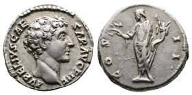 Marcus Aurelius, as Caesar, 139-161 AD. AR Denarius (17 mm, 3,52 g.). Rome, 145-147 AD. AVRELIVS CAESAR AVG PII F Bare head of Marcus Aurelius to righ...