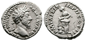 Marcus Aurelius, 161-180 AD. AR Denarius (18 mm, 3,20 g.). Rome, 164-165 AD. ANTONINVS AVG ARMENIACVS, laureate head of Antoninus Pius right. Rev. PM ...