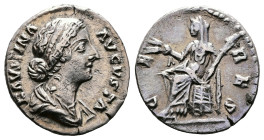 Faustina II, 147-176 AD. AR Denarius (18 mm, 3,14 g.) Rome. FAVSTINA AVGVSTA. Draped bust of Faustina II to right. Rev. CERES. Ceres, veiled, seated l...