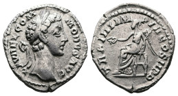 Commodus, 177-192 AD. AR Denarius (19 mm, 3,22 g.). Rome, 179 AD. L AVREL COMMODVS AVG Laureate head of Commodus to right. Rev. TR P IIII IMP III COS ...