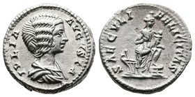 Julia Domna, 193-217 AD. AR Denarius (18 mm, 3,49 g.). Rome, 196-211 AD. IVLIA AVGVSTA Draped bust of Julia Domna to right. Rev. SAECVLI FELICITAS Isi...