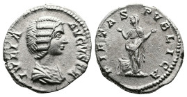 Julia Domna, 193-211 AD. AR Denarius. (18 mm, 3,24 g.). Rome, 196-211 AD. IVLIA AVGVSTA, draped bust of Julia Domna to right. Rev. PIETAS PVBLICA, Pie...
