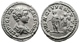 Geta, as Caesar, 198-209 AD. AR Denarius (19 mm, 3,24 g.). Rome, 201-202 AD. P SEPT GETA CAES PONT Bare-headed and draped bust of Geta to right, seen ...