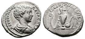 Geta, as Caesar, 198-209 AD. AR Denarius (19 mm, 2,86 g.). Rome, 198-200 AD. L SEPTIMIVS GETA CAES, bare-headed and draped bust of Geta to right. Rev....