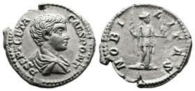 Geta, as Caesar, AR Denarius (19 mm, 3,17 g.). Rome, 200-202 AD. P SEPT GETA CAES PONT, bare-headed and draped bust of Geta to right. Rev. NOBILITAS, ...