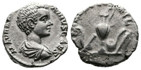 Caracalla, as Caesar, 195-197 AD. AR Denarius (18 mm, 3,38 g.). Rome, 196 AD. M AVR ANTONINVS CAES, bare-headed, draped and cuirassed bust of Caracall...