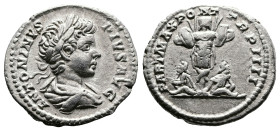 Caracalla. 196-217 AD. AR Denarius. (19 mm, 3,05 g.). Rome, 201 AD. ANTONINVS PIVS AVG, laureate and draped bust of Caracalla right. Rev. PART MAX PON...