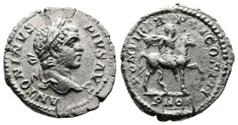 Caracalla, 198-217 AD. AR Denarius (20 mm, 3,30 g.). Rome, 208 AD. ANTONINVS PIVS AVG Laureate head of Caracalla to right. Rev. PONTIF TR P XI COS III...