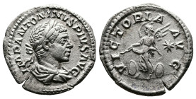 Elagabalus, 218-222 AD. AR Denarius (19 mm, 2,19 g.). Rome, 220-221 AD. IMP ANTONINVS PIVS AVG Laureate and draped bust of Elagabalus to right, seen f...
