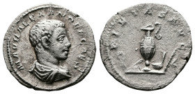 Severus Alexander, as Caesar, 221-222. Denarius (Silver, 18 mm, 3.21 g, 12 h), Rome. M AVR ALEXANDER CAES Bare-headed and draped bust of Severus Alexa...