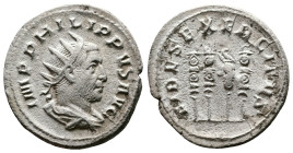 Philip I 'the Arab' 244–249 AD. AR Antoninianus. (23 mm. 4,00 g.). Rome. IMP PHILIPPVS AVG, radiate, draped and cuirassed bust right. Rev. FIDES EXERC...
