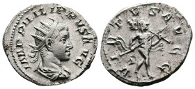 Philip II, 247-249 AD. AR Antoninianus (23 mm, 4,00 g.). Rome, 248 AD. IMP PHILIPPVS AVG Radiate, draped and cuirassed bust of Philip II to right, see...