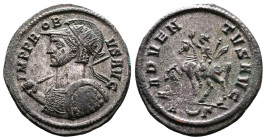 Probus, 276-282 AD. Silvered Bronze Antoninianus (23 mm, 4,46 g.). Rome. IMP PROBVS AVG, helmeted, radiate and cuirassed bust to left, holding spear a...