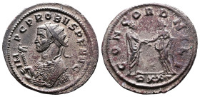 Probus, 276-282 AD. Silvered Bronze Antoninianus (23 mm, 4,46 g.). Ticinum. IMP C PROBVS P F AVG, radiate and mantled bust of Probus to left, holding ...