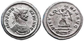 Probus, 276-282 AD. Silvered Bronze Antoninianus (23 mm, 4,07 g.). Rome. PROBVS P F AVG Radiate and cuirassed bust of Probus to right. Rev. VICTORIA A...