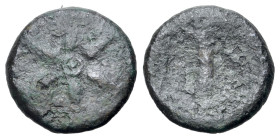 Etruria, uncertain inland mint, possibly Arretium, 3rd century BC. Æ Semuncia ( 17mm, 3.31g). Wheel of six spokes. R/ Bipennis, Etruscan letter v in f...