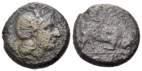 Italy. Lucania, Thurium, c. 375-350 BC. Æ (18mm, 6.06g). Helmeted head of Athena. R/Butting bull, caduceus in exergue. SNG ANS-1183. From the E.E. Cla...